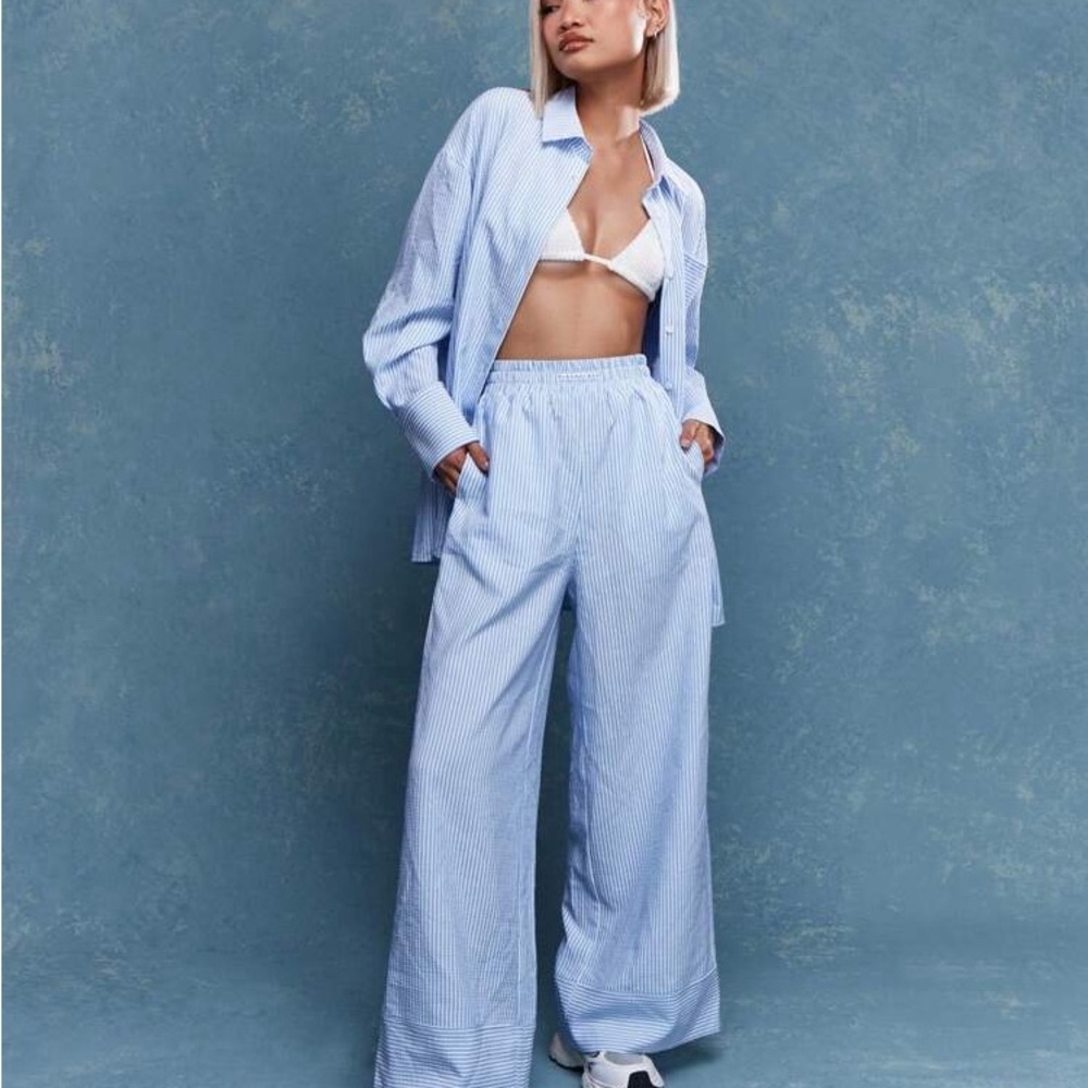 MISSGUIDED Trendy Logo Label Striped Wide Leg Pants Office Wear - Picture 5 of 8